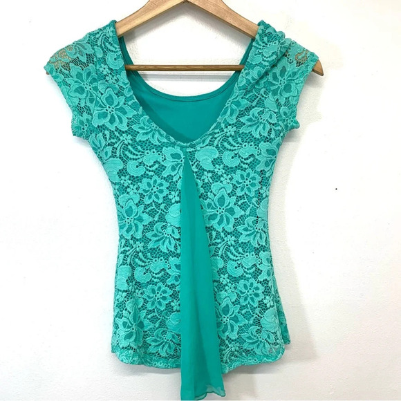 Vintage Y2K Womans Crochet‎ Top Small Green Floral Sheer Lace Flowy Fairy Boho - Picture 2 of 10